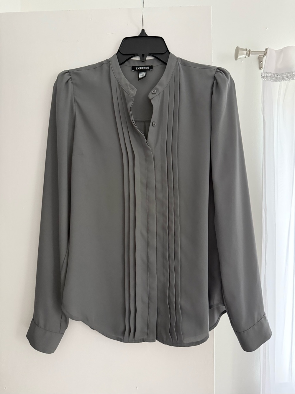 Express Gray Pintuck Button-Down Blouse